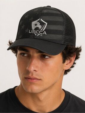 USCCA Black Trucker Hat American Flag Mesh Snapback Cap Tactical Shooting Logo